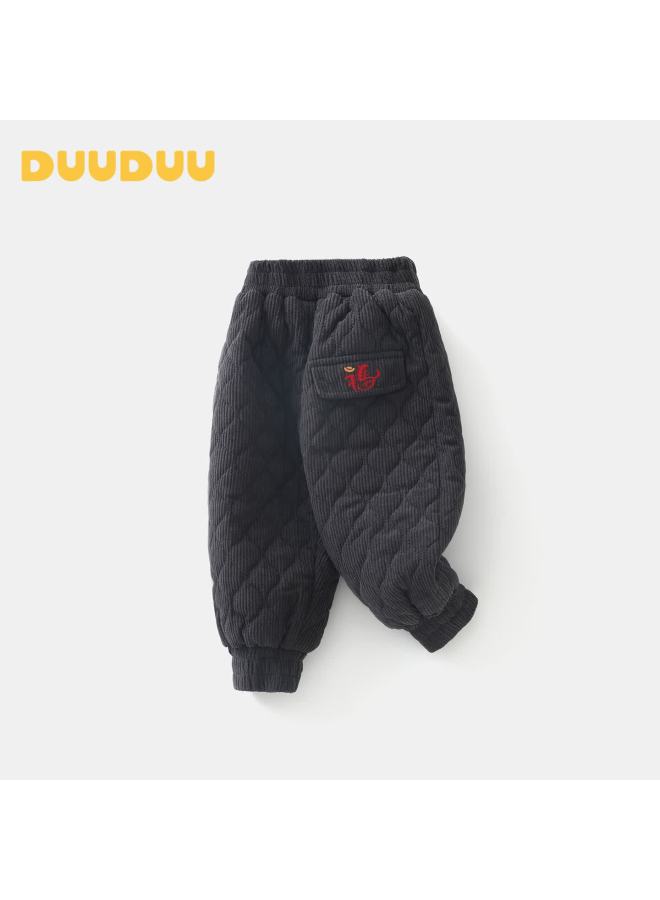 Duuduu Baby Embroidered Warm Fleece-lined Jogger Pants Winter Thickened Casual Trousers Toddler Cotton-padded Winter Wear Gray 80 - Image 1