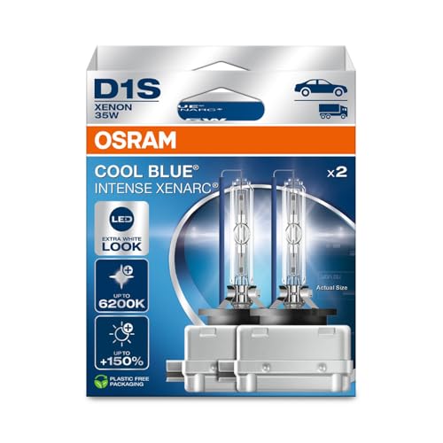 Osram XENARC® Cool Blue Intense D1S, +150% more brightness, up to 6,200K, xenon headlight lamp, LED look, hanging folding box (2 lamps) - Image 1