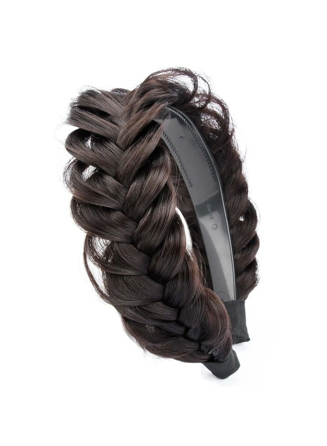 DIGUAN Wide Messy Braided Headband With Teeth Synthetic Hair Plaited Headband High Elasticity Braids Chunky Fishtail Braided Hair Band Hairpiece for Girls Women (Deep Brown) - Image 1