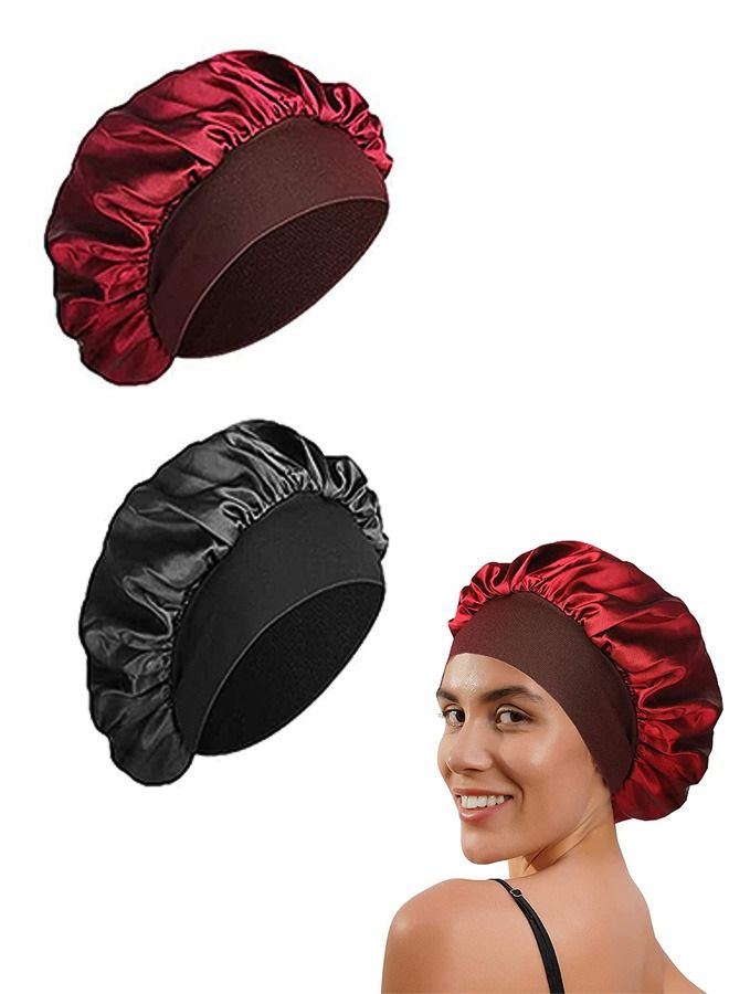 2 Pcs Oversized Satin Elastic Band Sleeping Bonnet, Skin Friendly Breathable Soft Polyester Silk Wide Bonnet, Curly Hair Wraps Sleep Bonnet for All Length Thick Curly Hair (Black+Red)  - Image 1
