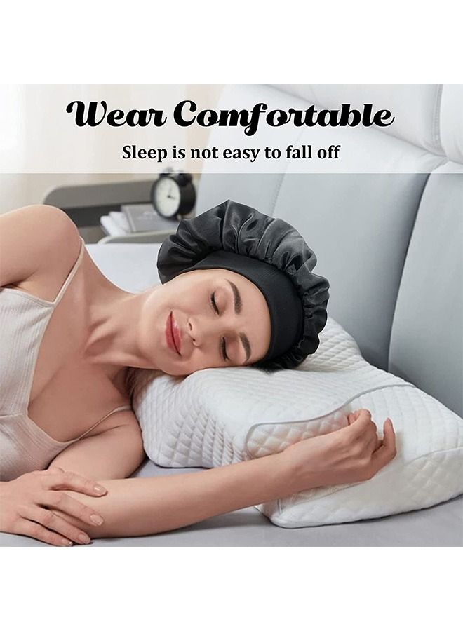 2 Pcs Oversized Satin Elastic Band Sleeping Bonnet, Skin Friendly Breathable Soft Polyester Silk Wide Bonnet, Curly Hair Wraps Sleep Bonnet for All Length Thick Curly Hair (Black+Red)  - Image 5