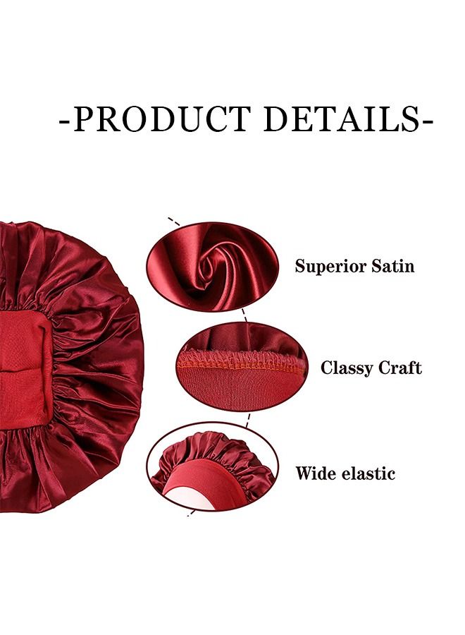 2 Pcs Oversized Satin Elastic Band Sleeping Bonnet, Skin Friendly Breathable Soft Polyester Silk Wide Bonnet, Curly Hair Wraps Sleep Bonnet for All Length Thick Curly Hair (Black+Red)  - Image 3