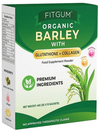 barley glutathione FITGUM ORGANIC WITH + COLLAGEN, Food Supplement Powder, PREMIUM INGREDIENTS NET WEICHT: 45G (3G X 15 SACHETS). | Best Price KSA New Year 2025 Pack Size:30 days pack bpc 157 human data