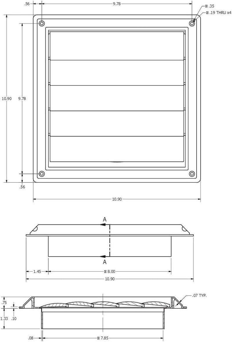 Lambro Industries, Inc.-8" White Plastic Louver Vent (Price Per Piece). Item #363W, outside dimensions are 10.875" x 10.875". - Image 4