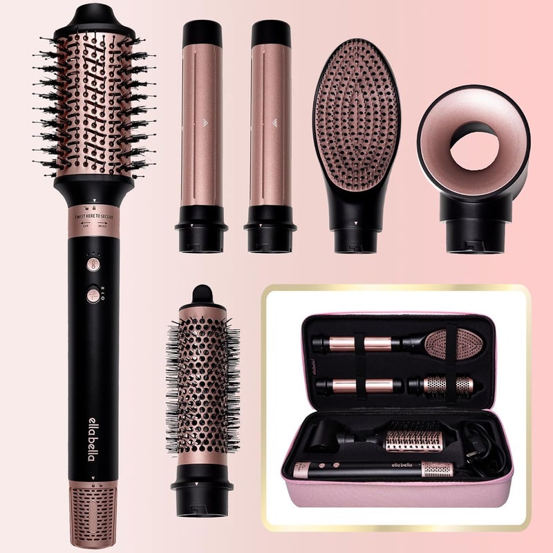 ELLA BELLA® 6 in 1 Professional Hot Air Styler • Powerful Hair Dryer & Straightener Set • Styling Without Heat Damage • Fast Drying Curling Volumizing Straightening • Includes Protective Travel Case