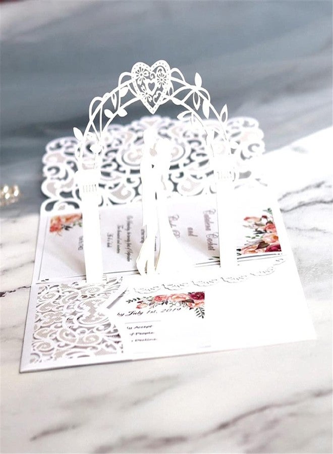 N.C NC 10sets 3D Pop Up Bride And Groom White Wedding Invitation Card Laser Cut Pocket Floral Engagement Invitations with Envelope & Inner Paper (White), 18x12.5CM - Image 2