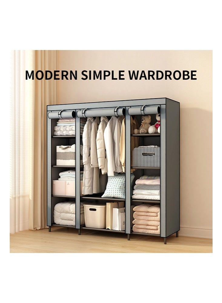 Monda Free-Standing Clothes Rack, Multifunctional Wardrobe, Bedroom Clothes Rack, Wardrobe Storage Rack, Storage Cabinet, Metal Bracket, Combined Space-Saving Clothing Storage Rack with Door Curtain (Gray, 146x45x168 Cm) - Image 2