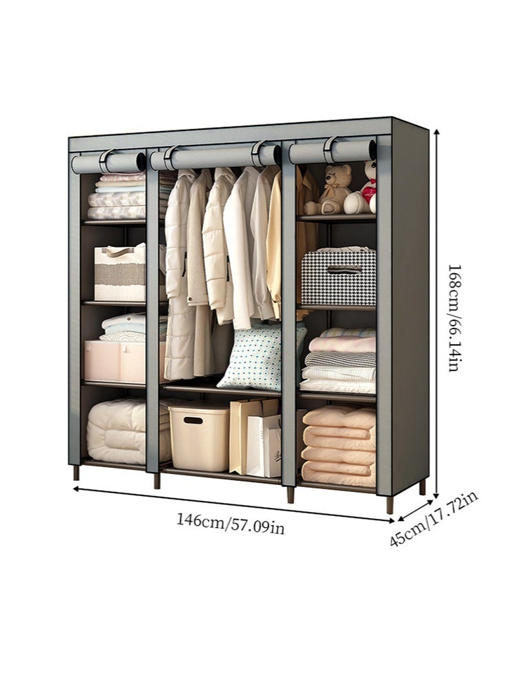 Monda Free-Standing Clothes Rack, Multifunctional Wardrobe, Bedroom Clothes Rack, Wardrobe Storage Rack, Storage Cabinet, Metal Bracket, Combined Space-Saving Clothing Storage Rack with Door Curtain (Gray, 146x45x168 Cm) - Image 1