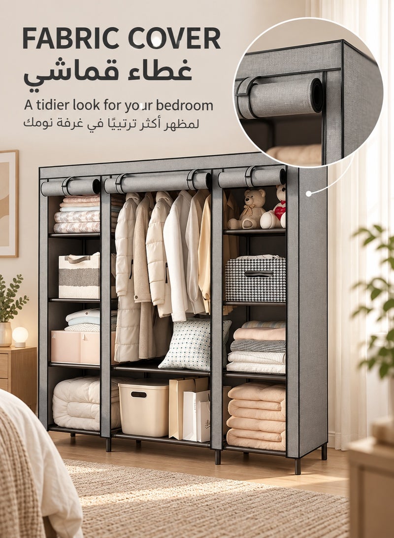 موندا رف ملابس قائم بذاته، خزانة ملابس متعددة الوظائف، رف ملابس غرفة النوم، رف تخزين خزانة الملابس، خزانة تخزين، حامل معدني، رف تخزين ملابس مدمج موفر للمساحة مع ستارة باب (رمادي، 146 × 45 × 168 سم) - Image 3