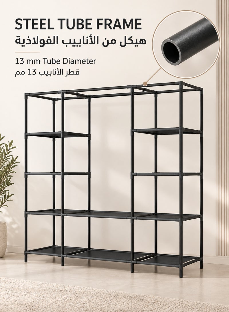 موندا رف ملابس قائم بذاته، خزانة ملابس متعددة الوظائف، رف ملابس غرفة النوم، رف تخزين خزانة الملابس، خزانة تخزين، حامل معدني، رف تخزين ملابس مدمج موفر للمساحة مع ستارة باب (رمادي، 146 × 45 × 168 سم) - Image 5