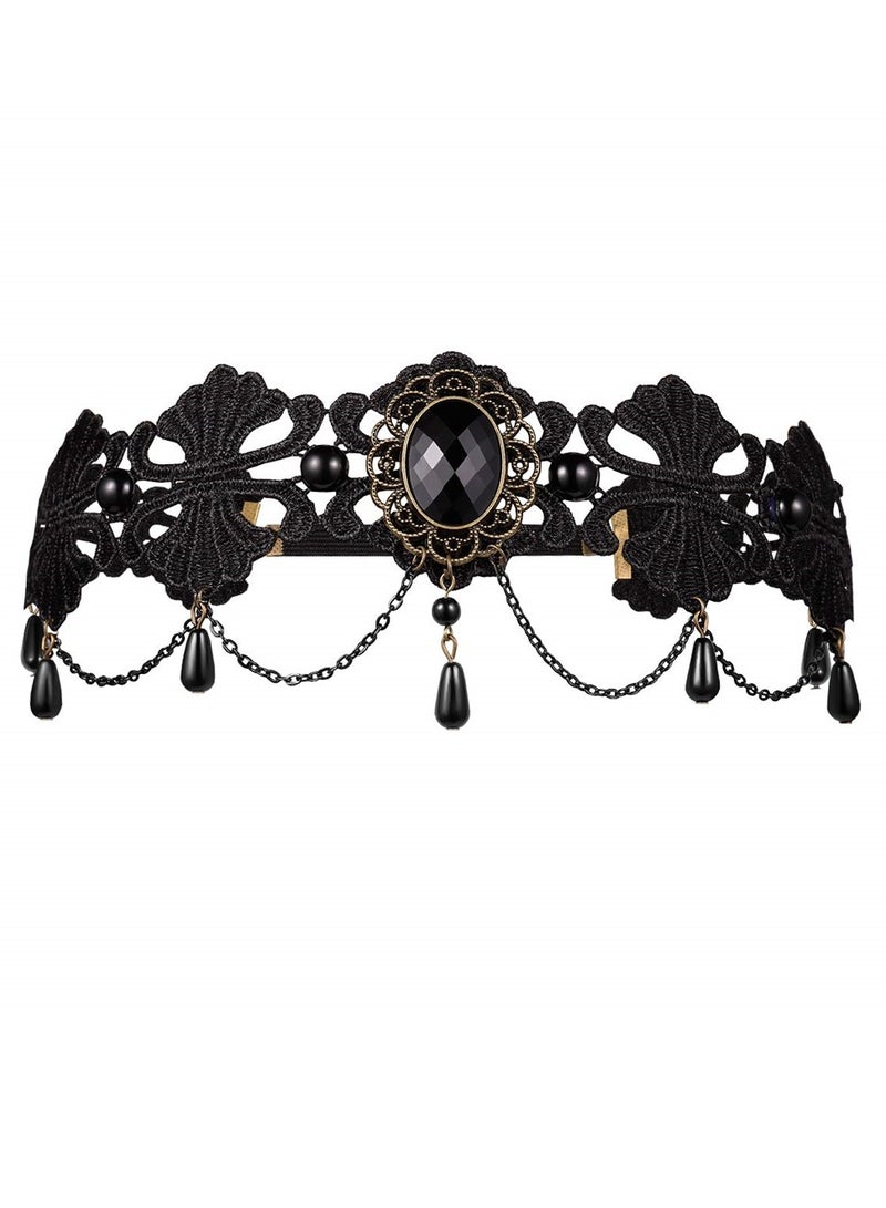 KASTWAVE Forehead Chain Black Pearl Lace Elastic Headband Crown Headband Tiara, Chain Vintage Rhinestone Crystal Pendant Tiara Headband Wedding Prom Women Girls Hair Accessories - Image 1