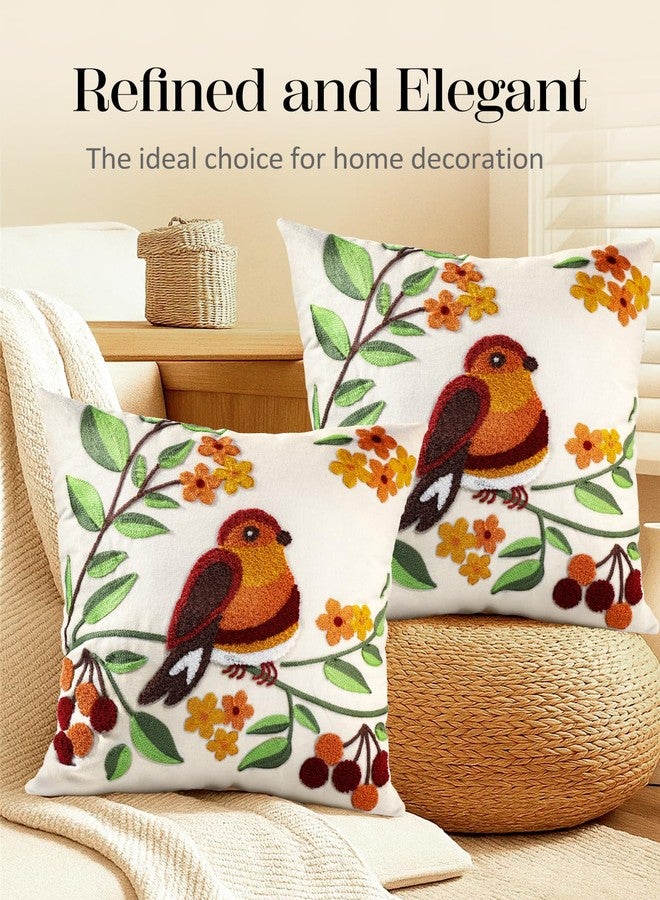 Kokaaee Embroidered Throw Pillow Covers Set of 2-18x18 Decorative Pillow Covers with Zipper Aesthetic Cute Design Spring Summer Throw Pillowcases for Outdoor Couch Sofa Bed, Tree Bird - Image 5