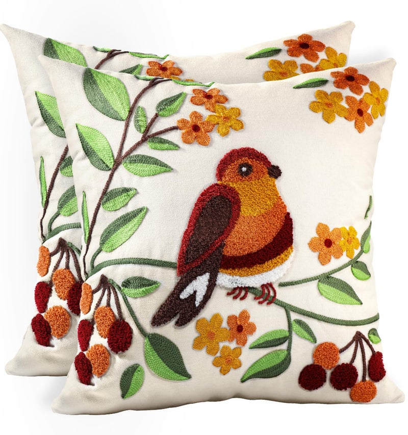 Kokaaee Embroidered Throw Pillow Covers Set of 2-18x18 Decorative Pillow Covers with Zipper Aesthetic Cute Design Spring Summer Throw Pillowcases for Outdoor Couch Sofa Bed, Tree Bird - Image 1