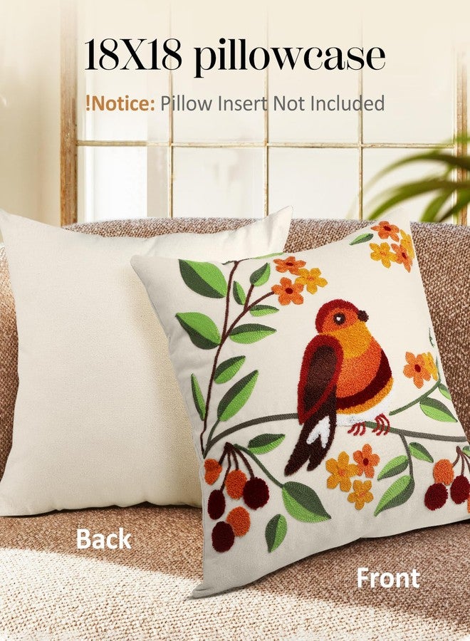 Kokaaee Embroidered Throw Pillow Covers Set of 2-18x18 Decorative Pillow Covers with Zipper Aesthetic Cute Design Spring Summer Throw Pillowcases for Outdoor Couch Sofa Bed, Tree Bird - Image 4
