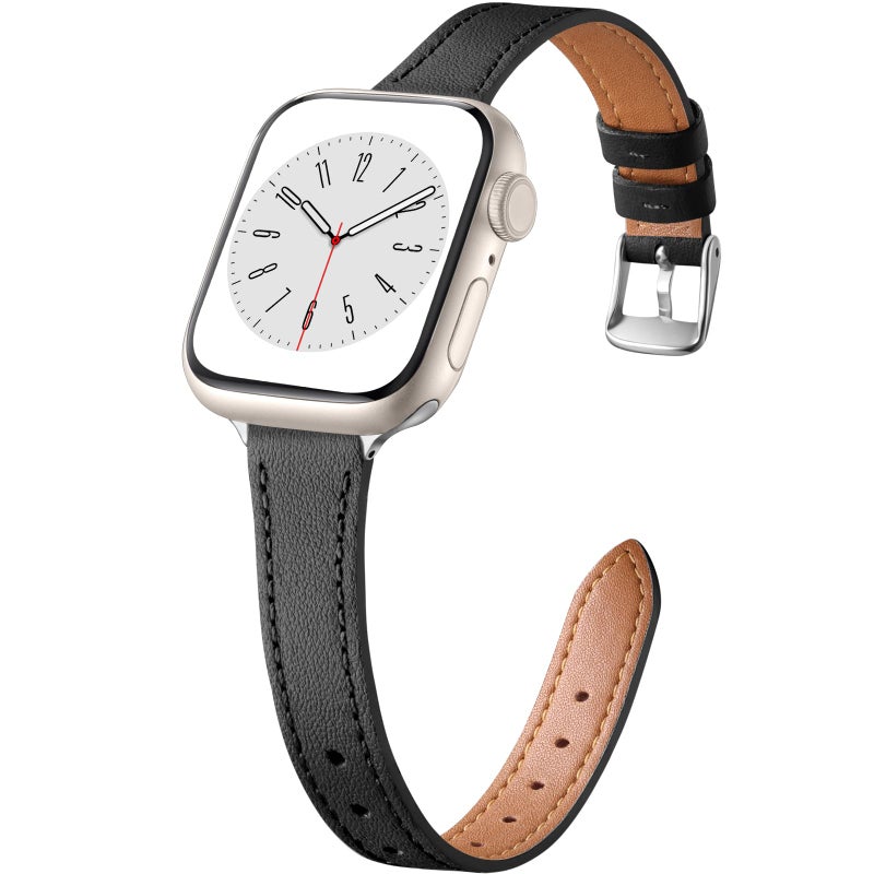 Charlam Slim Leather Band Compatible with Apple Watch Band 40mm 38mm 41mm 42mm 44mm 45mm 46mm Women,Top Grain Genuine Leather Strap Thin Wristband for iWatch Series 11 10 9 8 7 6 5 4 3 2 1 SE,Black - Image 1