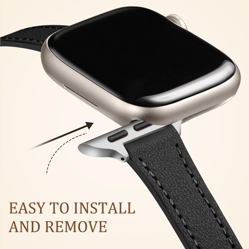 Charlam Slim Leather Band Compatible with Apple Watch Band 40mm 38mm 41mm 42mm 44mm 45mm 46mm Women,Top Grain Genuine Leather Strap Thin Wristband for iWatch Series 11 10 9 8 7 6 5 4 3 2 1 SE,Black - Image 4
