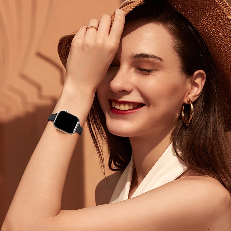 Charlam Slim Leather Band Compatible with Apple Watch Band 40mm 38mm 41mm 42mm 44mm 45mm 46mm Women,Top Grain Genuine Leather Strap Thin Wristband for iWatch Series 11 10 9 8 7 6 5 4 3 2 1 SE,Black - Image 2