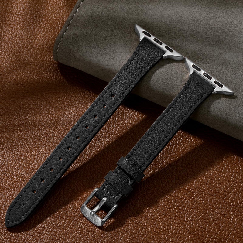 Charlam Slim Leather Band Compatible with Apple Watch Band 40mm 38mm 41mm 42mm 44mm 45mm 46mm Women,Top Grain Genuine Leather Strap Thin Wristband for iWatch Series 11 10 9 8 7 6 5 4 3 2 1 SE,Black - Image 5