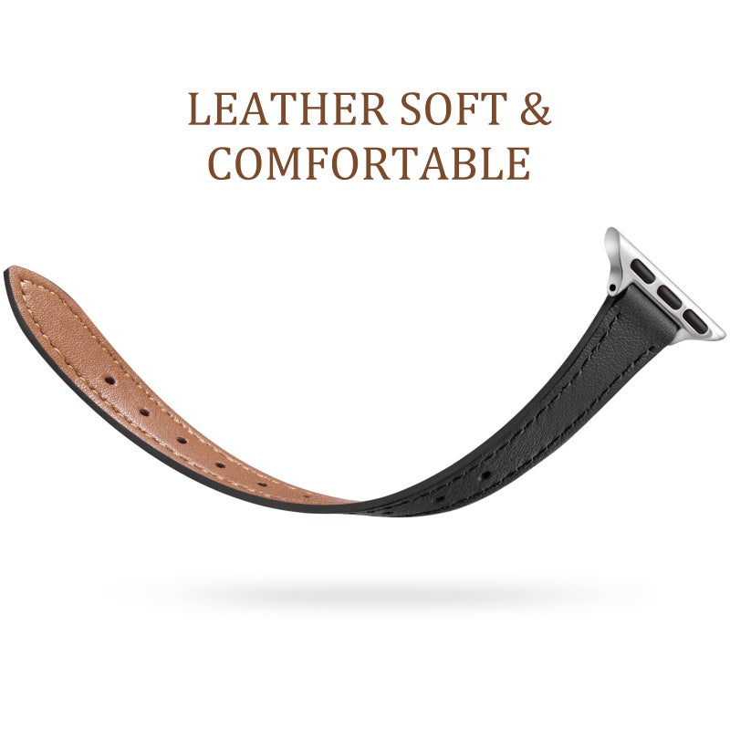 Charlam Slim Leather Band Compatible with Apple Watch Band 40mm 38mm 41mm 42mm 44mm 45mm 46mm Women,Top Grain Genuine Leather Strap Thin Wristband for iWatch Series 11 10 9 8 7 6 5 4 3 2 1 SE,Black - Image 3