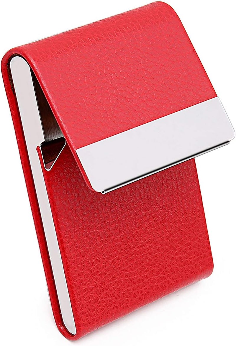 DMFLY Business Card Holder, Metal Business Card Case Pocket, Card Holder for Women & Men, Professional PU Leather Business Card Holders RFID Blocking Name Card Holder Case with Magnetic Closure, Red - Image 5
