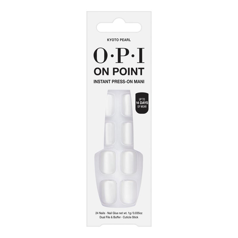 OPI On Point Kyoto Pearl | Short Round White Shimmer Satin Press On Nails | With Nail Glue | Long Lasting, Reusable, Non-damaging - Image 1