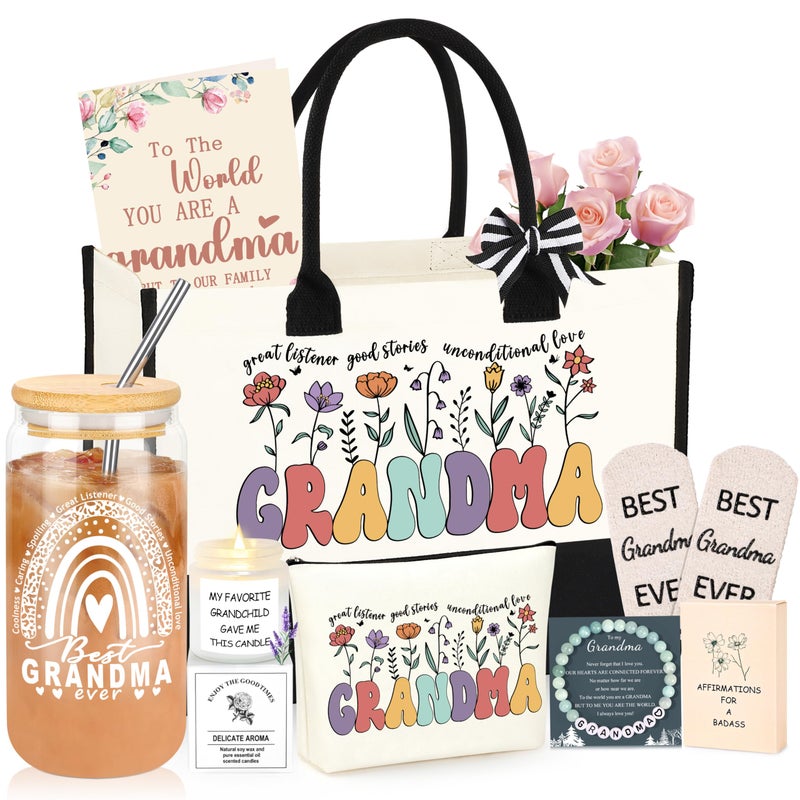 Grandma Gifts for Birthday Tote Bag Mothers Day Grandma Gift Set from Granddaughter Grandson Grandchildren Grandkids Christmas Gifts for Grandma Tote Bag Makeup Bag 16 Oz Can Glass Bead Bracelet