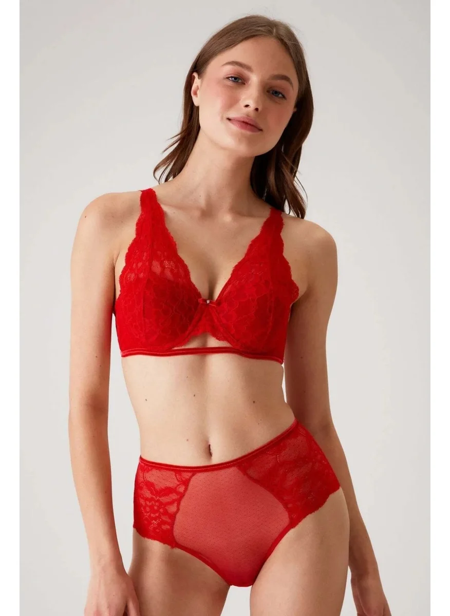 بيير كاردان 4840 Genova Soft Push Up Lace Bra and High Waist Panties Set-Red