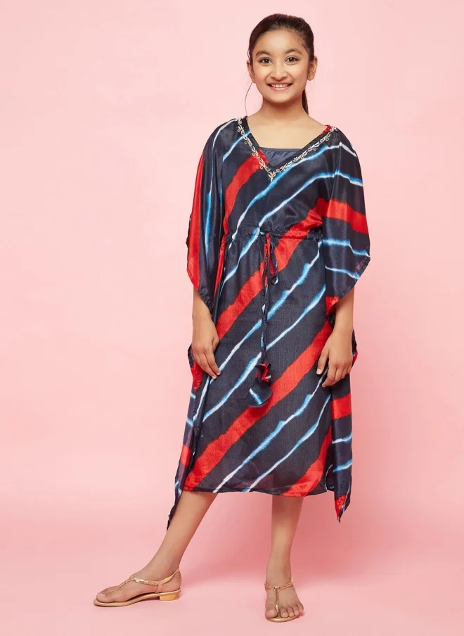أيه كيه إس Navy Blue Striped Kaftan Dress for Girls