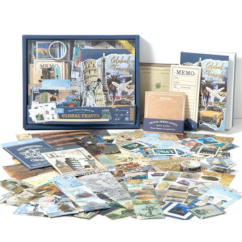 WEMOL Vintage Journal Scrapbook Pack Kit for Art Journaling Bullet, Planners DIY Paper Stickers, Craft Kits Notebook, Collage Album Aesthetic Sticker (Blue Global Travel) - Image 1