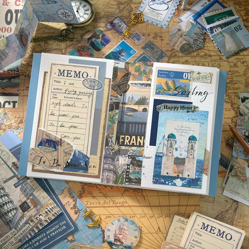 WEMOL Vintage Journal Scrapbook Pack Kit for Art Journaling Bullet, Planners DIY Paper Stickers, Craft Kits Notebook, Collage Album Aesthetic Sticker (Blue Global Travel) - Image 2