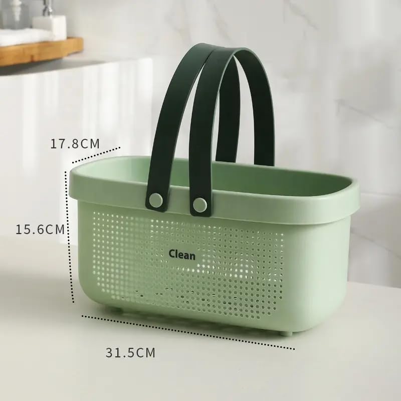 TRADY Durable Multi-Purpose Reinforced Drainage Design, Storage Basket with Handles, Shower Caddy Tote Silicone Handle Portable Organizer Bins for Bathroom,Kitchen, Bedroom Use (Green) - Image 2