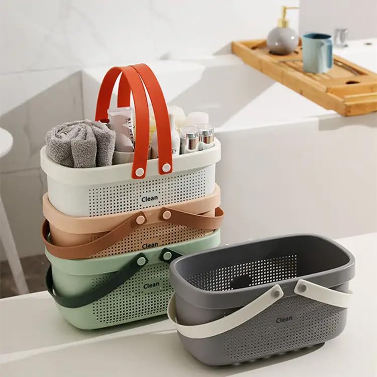 TRADY Durable Multi-Purpose Reinforced Drainage Design, Storage Basket with Handles, Shower Caddy Tote Silicone Handle Portable Organizer Bins for Bathroom,Kitchen, Bedroom Use (Green) - Image 1