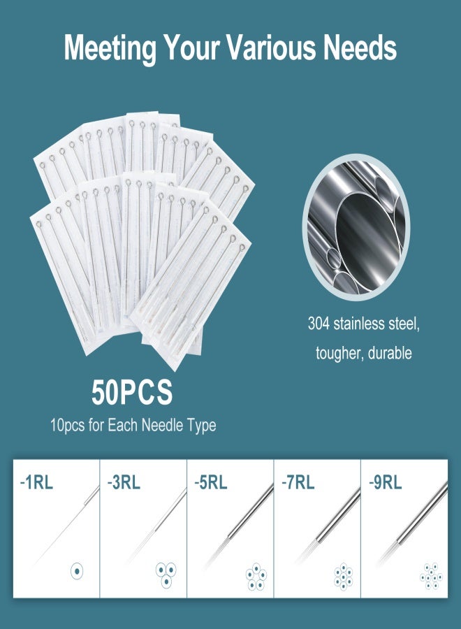 مجموعة إبر وشم متنوعة مكونة من 50 قطعة، من الفولاذ المقاوم للصدأ، بأحجام 1RL، 3RL، 5RL، 7RL، 9RL، لرسم خطوط دائرية احترافية للوشم الدائم. - Image 2