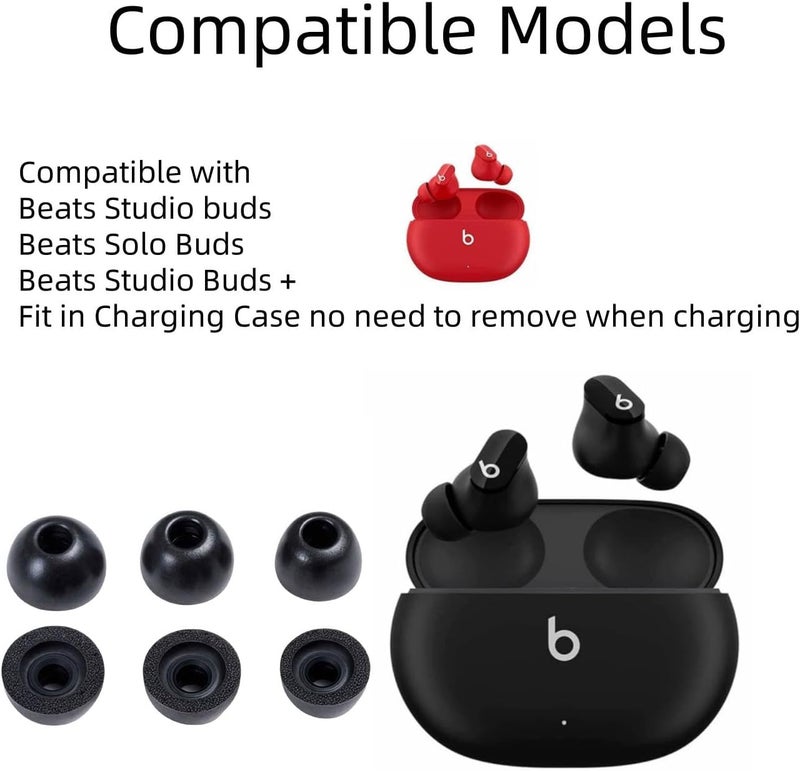 أطراف أذن بديلة من رغوة الذاكرة متوافقة مع سماعات Beats Studio Buds/Beats Solo Buds، عازلة للضوضاء ومريحة وناعمة، وتناسب علبة الشحن، 3 أزواج باللون الأسود - Image 2