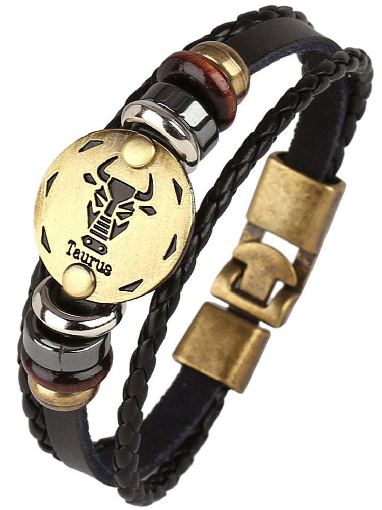 Hamoery Punk Alloy Leather Bracelet Constellation Braided Rope Bracelet Bangle Wristband(Taurus) - Image 3