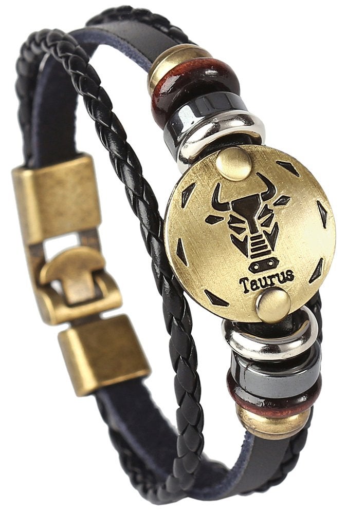 Hamoery Punk Alloy Leather Bracelet Constellation Braided Rope Bracelet Bangle Wristband(Taurus) - Image 1