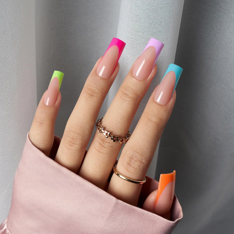 BTArtboxnails XCOATTIPS Press on Nails - French Tip Press on Nails, Long Sqaure Nail Tips, Bright Pastel Soft Gel Nails False Nail, Soak Off Acrylic Fake Nails Art Extensions - Image 2