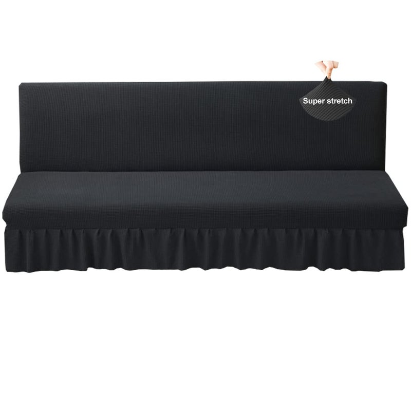 HFCNMY HFCNMY Stretch Armless Futon Cover with Skirt Ruffled Knitted Jacquard Futon Sofa Bed Cover Machine Washable Futon Couch Cover Futon Sofa Cover Black 