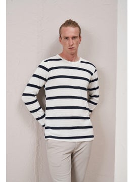 Tena Men's White Crew Neck Horizontal Striped Waffle Sweatshirt  - Image 1