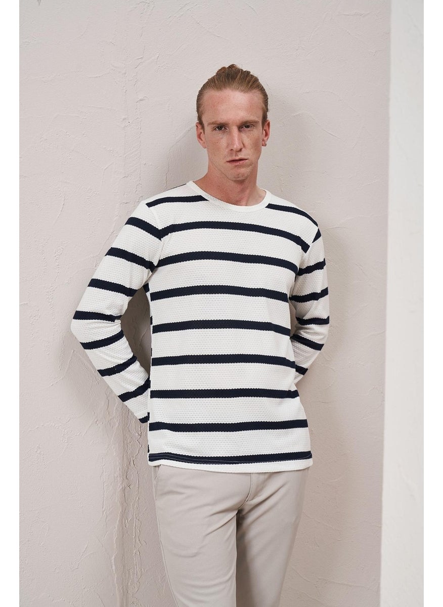 Tena Men's White Crew Neck Horizontal Striped Waffle Sweatshirt  - Image 1