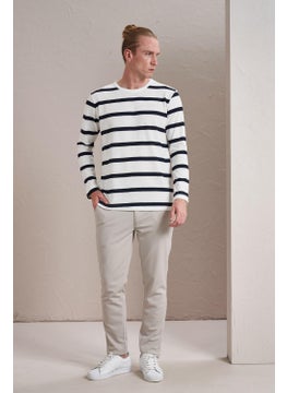 Tena Men's White Crew Neck Horizontal Striped Waffle Sweatshirt  - Image 5
