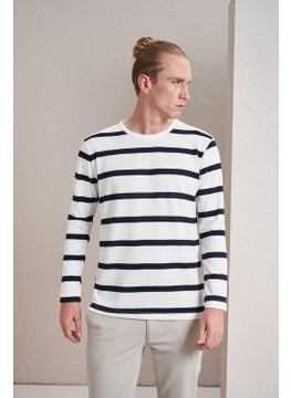 Tena Men's White Crew Neck Horizontal Striped Waffle Sweatshirt  - Image 2