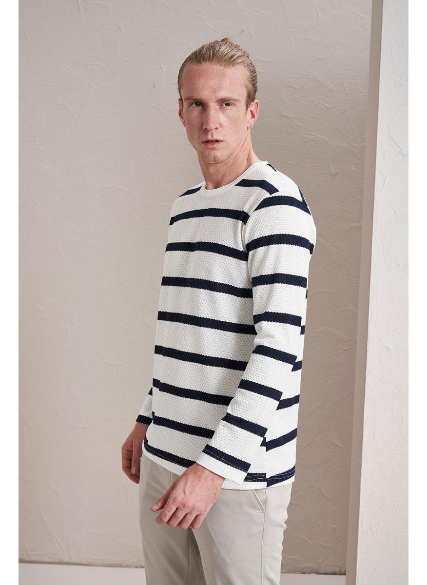 Tena Men's White Crew Neck Horizontal Striped Waffle Sweatshirt  - Image 3