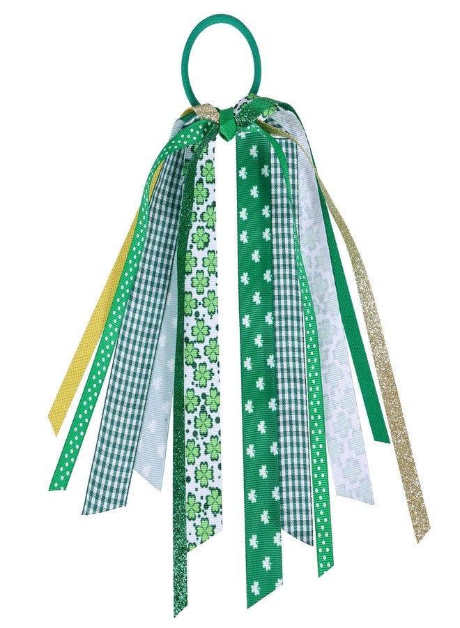 KCHIES Girls St. Patrick's Day Ponytail Holder Hair Streamer Hair Ties,Glitter Green Shamrock Clover Ribbon Bow Elastic Hair Band,Irish St. Patty Party Dress Decor Accessory Gift for Women Kids - Image 1