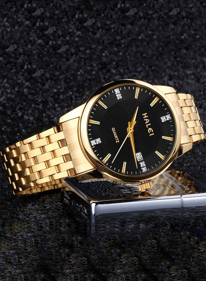 HALEI HALEI 2-Piece Luxury Couple Watches Gold Tone Stainless Steel Quartz Calendar Wristwatch Rhinestone His and Her Watch Set - Image 2