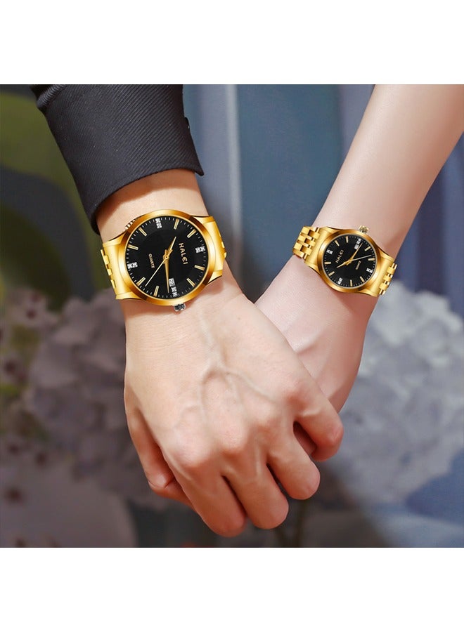 HALEI HALEI 2-Piece Luxury Couple Watches Gold Tone Stainless Steel Quartz Calendar Wristwatch Rhinestone His and Her Watch Set - Image 3
