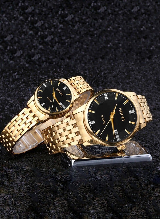 HALEI HALEI 2-Piece Luxury Couple Watches Gold Tone Stainless Steel Quartz Calendar Wristwatch Rhinestone His and Her Watch Set - Image 1