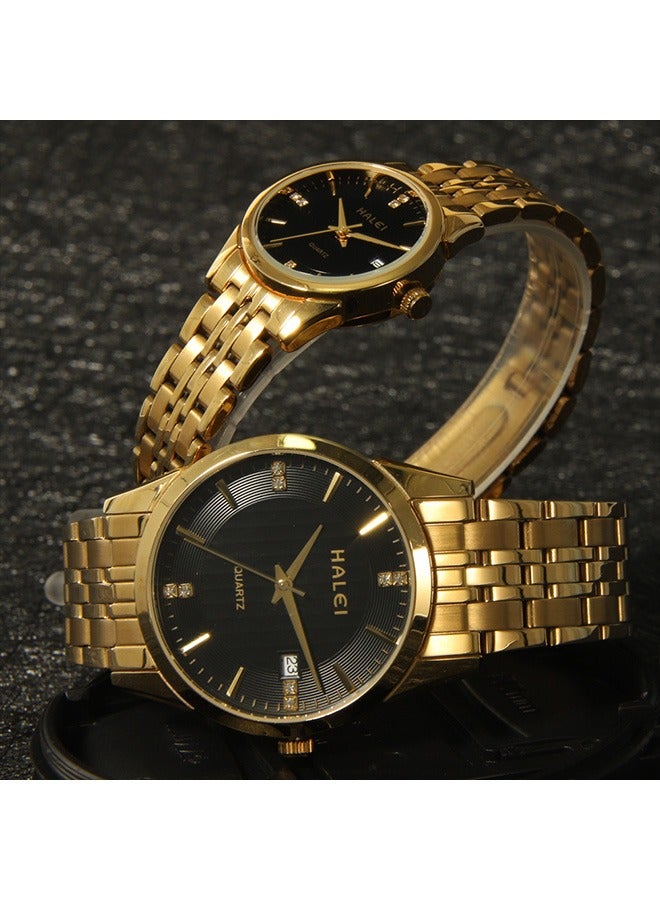 HALEI HALEI 2-Piece Luxury Couple Watches Gold Tone Stainless Steel Quartz Calendar Wristwatch Rhinestone His and Her Watch Set - Image 5