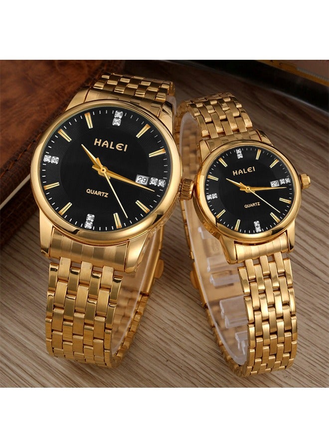 HALEI HALEI 2-Piece Luxury Couple Watches Gold Tone Stainless Steel Quartz Calendar Wristwatch Rhinestone His and Her Watch Set - Image 4