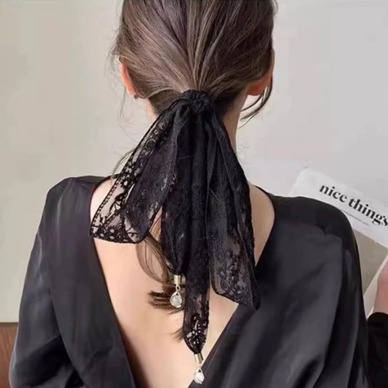 French Floral Lace Hair Ribbons - Elegant Black Headbands for Women & Girls, 2PCS - Image 3